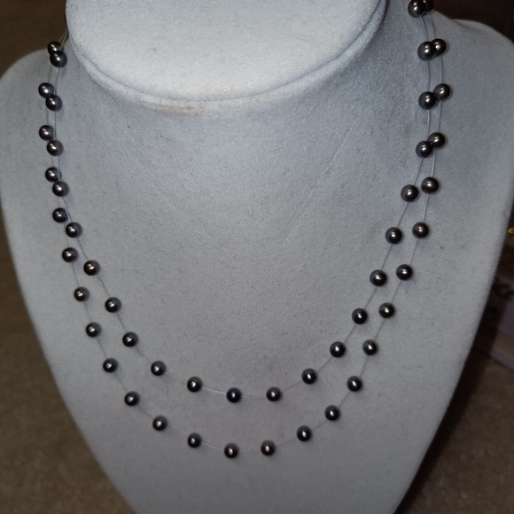 Floating double strand pearl necklace tahitian genuine sterling silver clasp - Picture 11 of 11